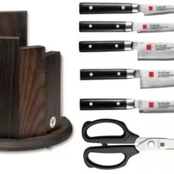 Ceppo Magnetico Completo Di 5 Coltelli Giapponesi Damasco E 1 Forbice Kasumi